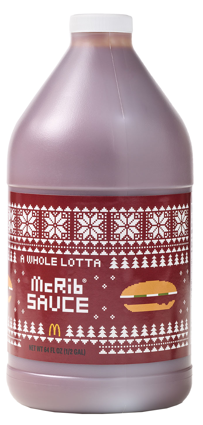 A half-gallon jug of A Whole Lotta McRib Sauce. The label takes inspiration from a holiday sweater, featuring stitched McRib sandwiches.